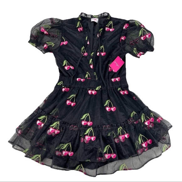 Buddy Love Sz Medium CLEMENTINE Elastic Waist Mini Dress Wild Cherries Black NWT - Picture 2 of 13